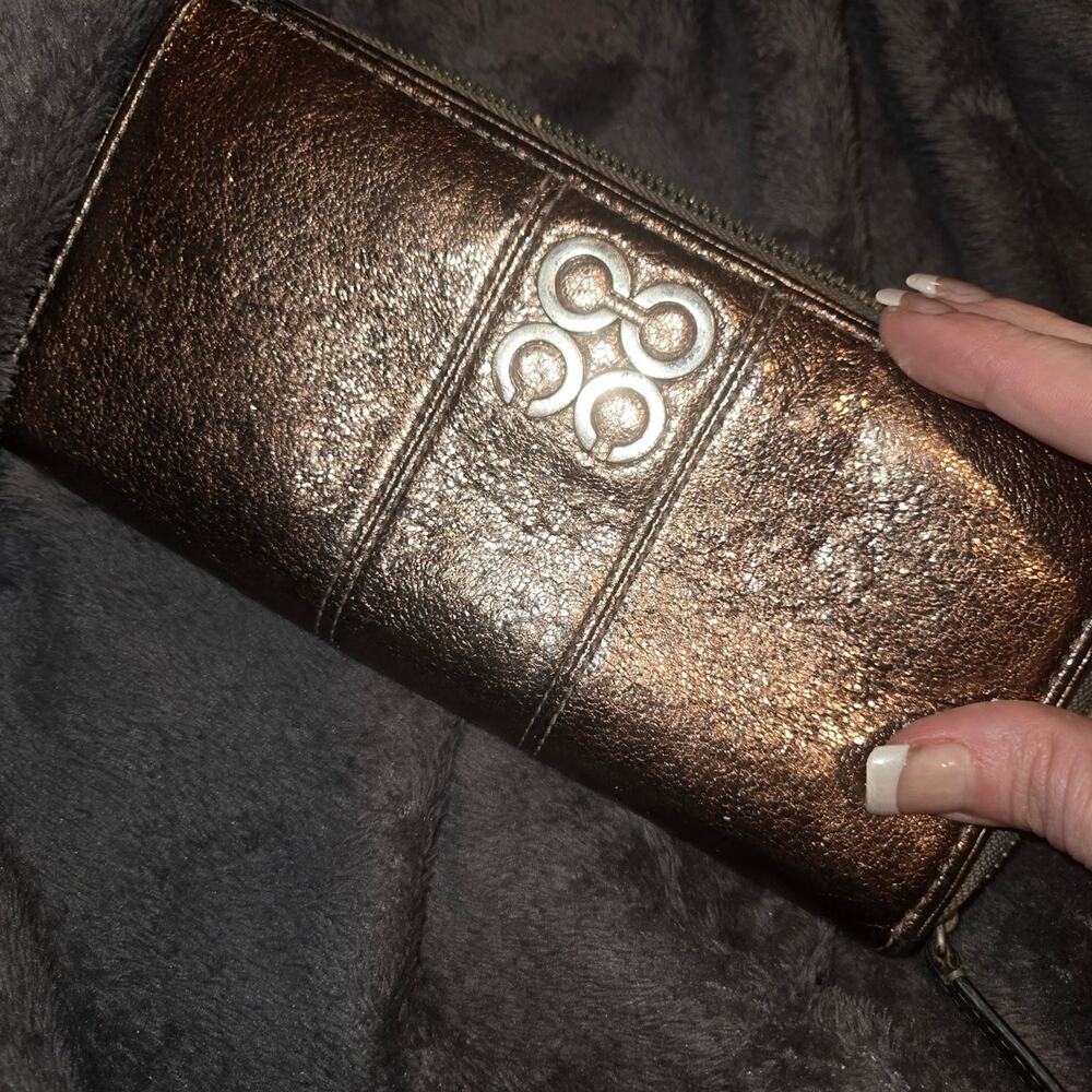 Coach metallic leather accordion zip wallet